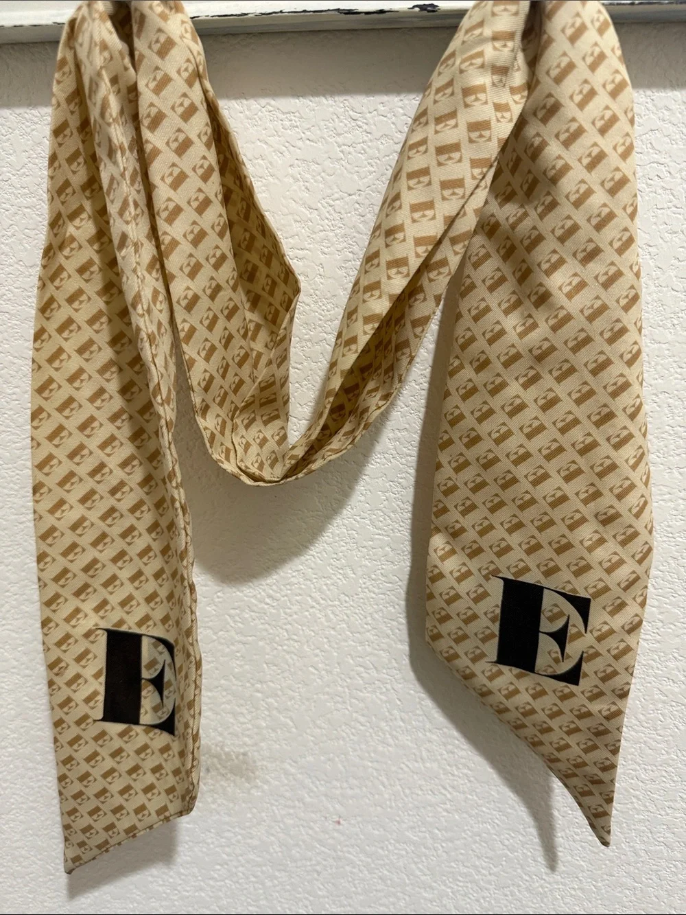 Beige Monogram Satin Scarf with Black 'E' Accents